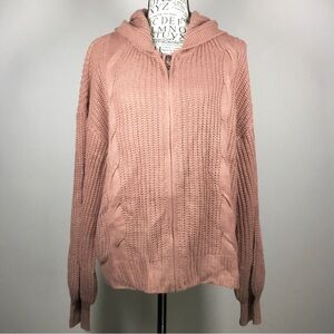 Dusky rose pink soft chunky knit hooded cardigan zipper front cozy  oversized L